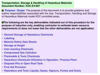 Transportation, Storage &amp; Handling of Hazardous Materials Document Number: KOC.EV.007