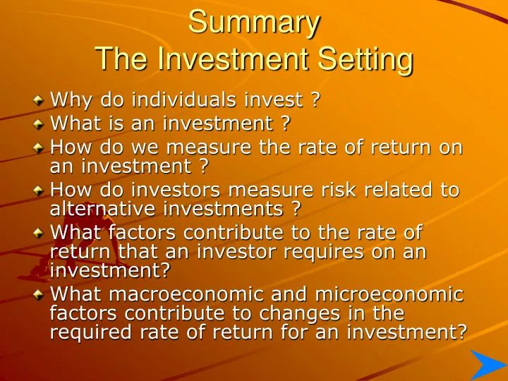 summary the investment setting