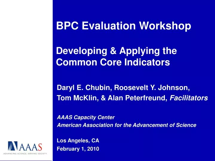 bpc evaluation workshop developing applying the common core indicators