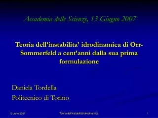 Teoria dell’instabilita’ idrodinamica di Orr-Sommerfeld a cent’anni dalla sua prima formulazione