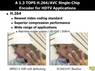 H.264 Newest video coding standard Superior compression performance Wide range of applications