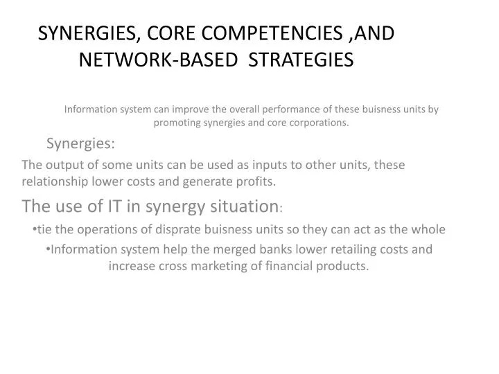 synergies core competencies and network based strategies