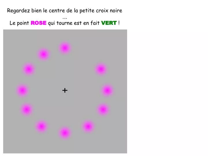 regardez bien le centre de la petite croix noire le point rose qui tourne est en fait vert