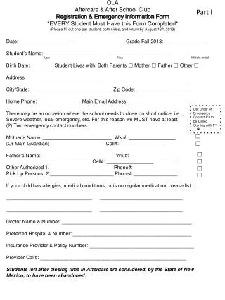 OLA Aftercare &amp; After School Club Registration &amp; Emergency Information Form