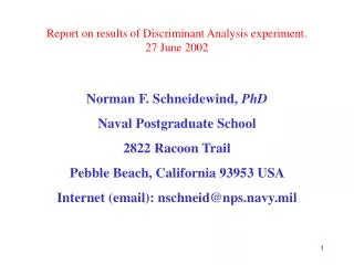 Report on results of Discriminant Analysis experiment. 27 June 2002