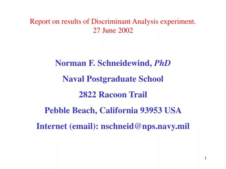 report on results of discriminant analysis experiment 27 june 2002