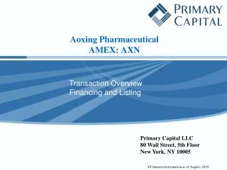 Aoxing Pharmaceutical AMEX: AXN