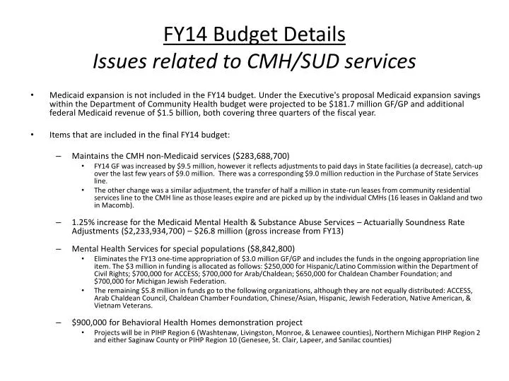 fy14 budget details issues related to cmh sud services
