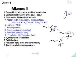 Alkenes II 1. Types of Rxn.: elimination, addition, substitution