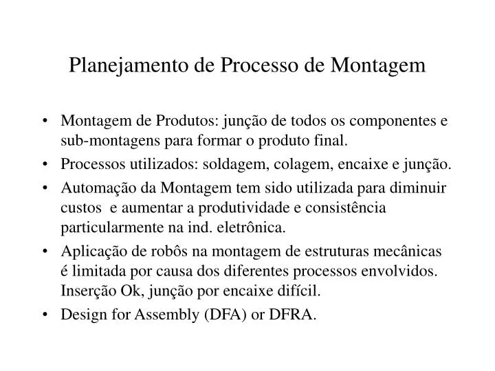 planejamento de processo de montagem