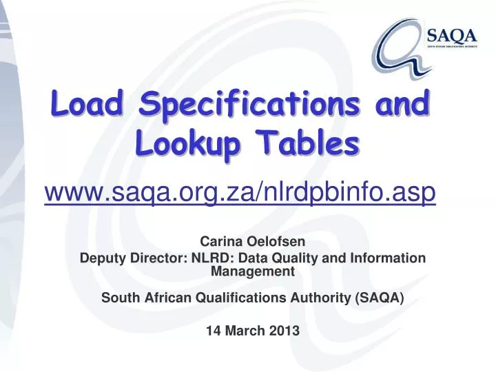 load specifications and lookup tables www saqa org za nlrdpbinfo asp