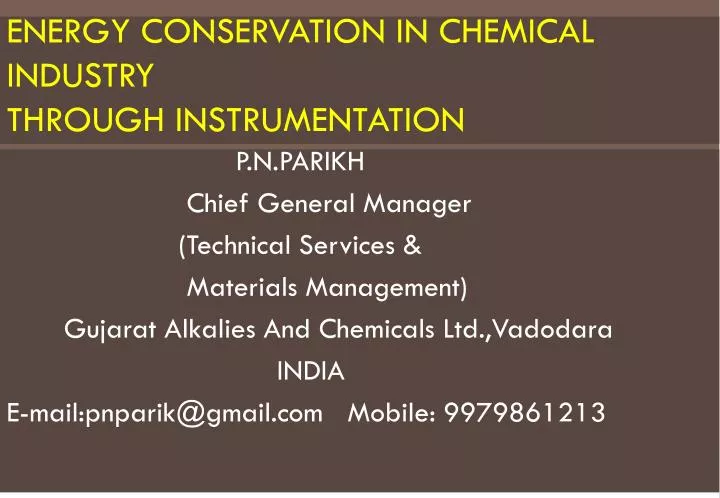 energy conservation in chemical industry through instrumentation