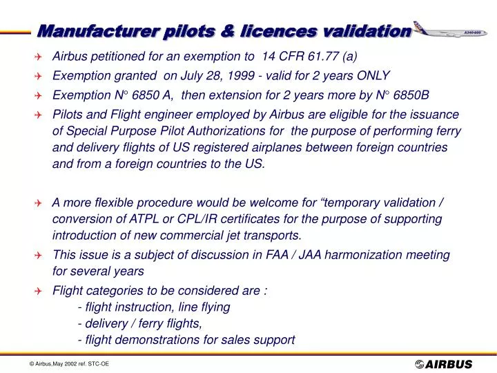 manufacturer pilots licences validation