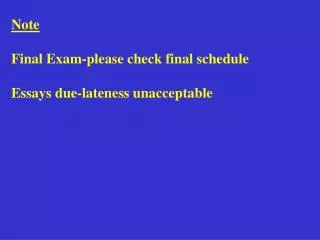 Note Final Exam-please check final schedule Essays due-lateness unacceptable