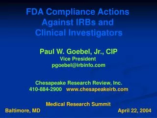 FDA Compliance Actions Against IRBs and Clinical Investigators