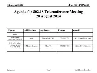 Agenda for 802.18 Teleconference Meeting 20 August 2014