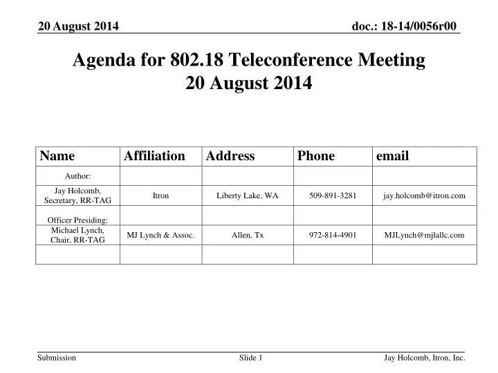 agenda for 802 18 teleconference meeting 20 august 2014
