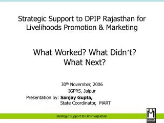 Strategic Support to DPIP Rajasthan for Livelihoods Promotion &amp; Marketing