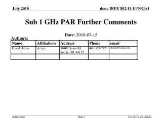 Sub 1 GHz PAR Further Comments