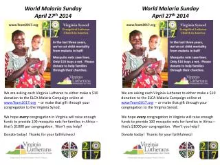 World Malaria Sunday April 27 th 2014