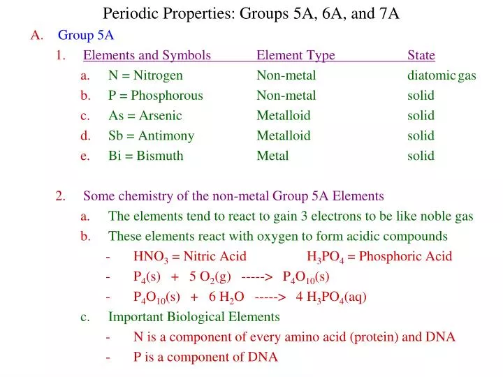 PPT Periodic Properties Groups 5A, 6A, and 7A Group 5A Elements and