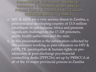 Interventions to the Improvement of access to HIV &amp; TB testing &amp; treatment for prisoners in Zambia