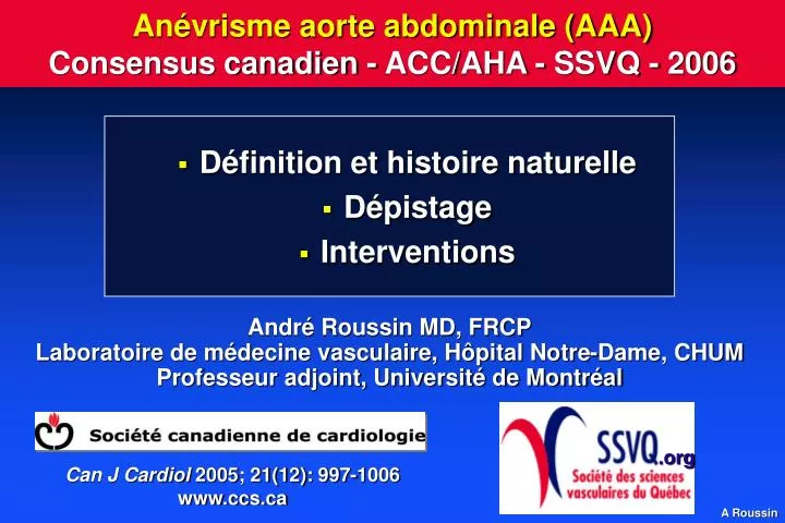 an vrisme aorte abdominale aaa consensus canadien acc aha ssvq 2006
