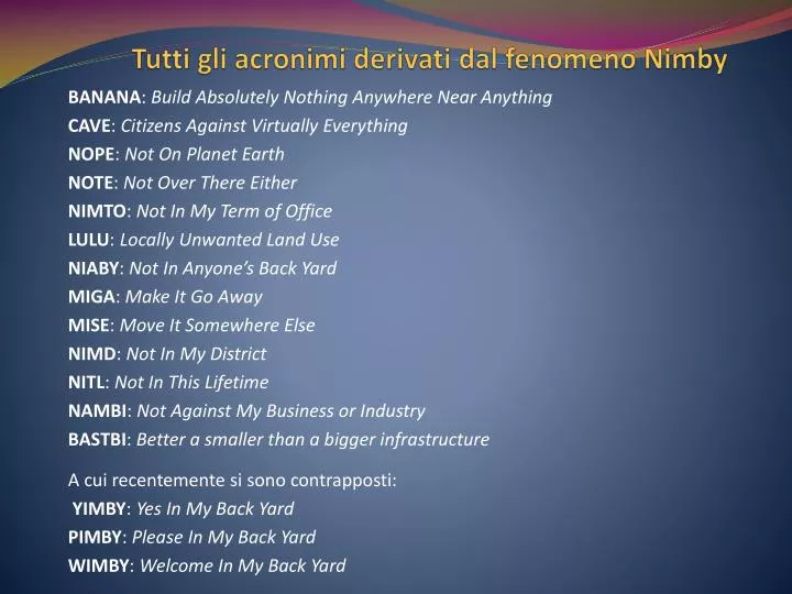 tutti gli acronimi derivati dal fenomeno nimby