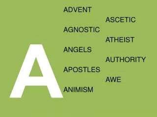 ADVENT AGNOSTIC ANGELS APOSTLES ANIMISM ASCETIC ATHEIST AUTHORITY AWE