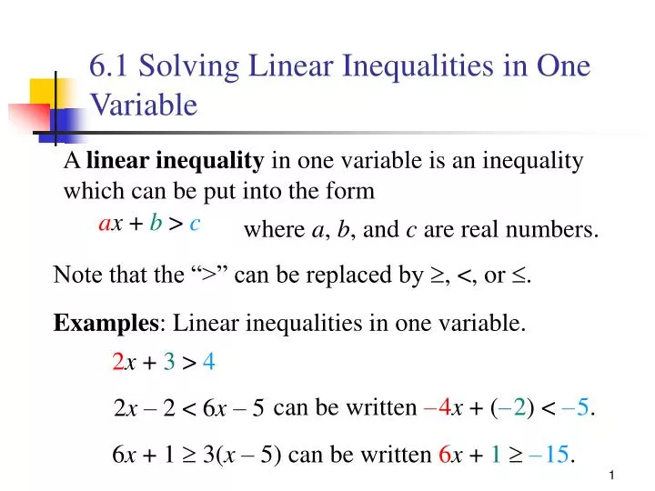 6 1 solving linear inequalities in one variable