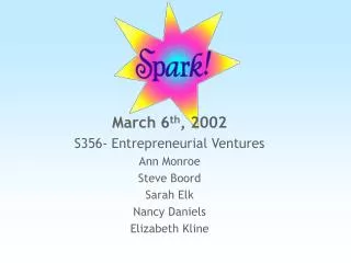 March 6 th , 2002 S356- Entrepreneurial Ventures Ann Monroe Steve Boord Sarah Elk Nancy Daniels