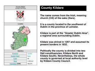 County Kildare The name comes from the Irish, meaning church (Cill) of the oaks (Dara).