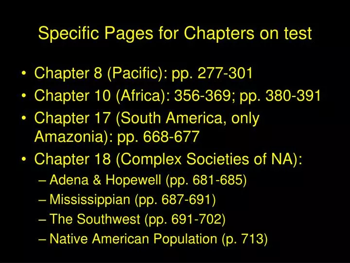 specific pages for chapters on test