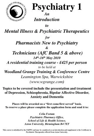 An Introduction to Mental Illness &amp; Psychiatric Therapeutics for Pharmacists New to Psychiatry