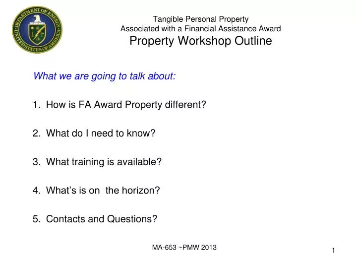 tangible personal property associated with a financial assistance award property workshop outline