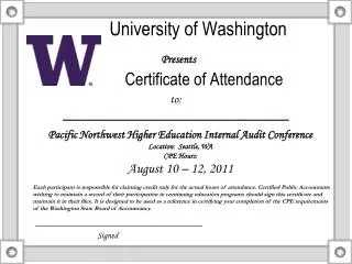 university of washington presents certificate of attendance
