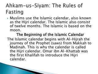 Ahkam -us- Siyam : The Rules of Fasting