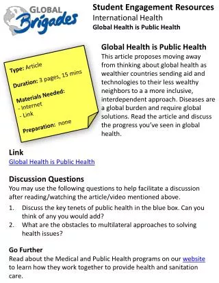 Student Engagement Resources International Health	 Global Health is Public Health