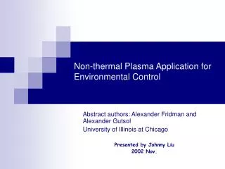 Non-thermal Plasma Application for Environmental Control