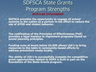 SDFSCA State Grants Program Strengths Archived Information