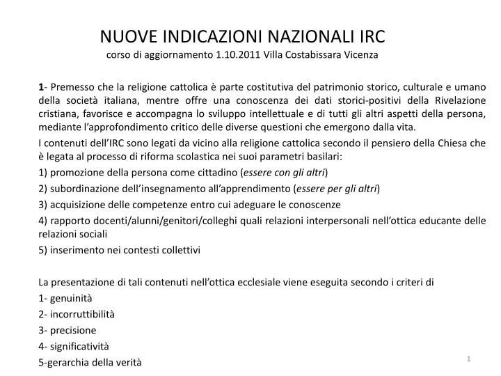 nuove indicazioni nazionali irc corso di aggiornamento 1 10 2011 villa costabissara vicenza