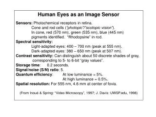 Human Eyes as an Image Sensor Sensors: Photochemical receptors in retina.