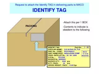 IDENTIFY TAG SUPPLIER MAME : S.K ALPHA CO.,TLD PART No. / CODE : RCS154D012