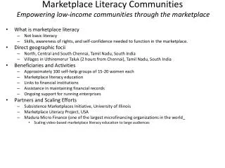 Marketplace Literacy Communities Empowering low-income communities through the marketplace
