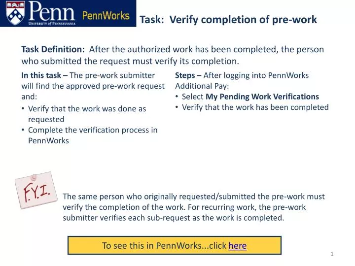 task verify completion of pre work