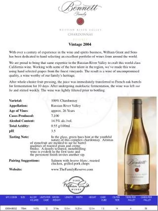 Varietal: 		100% Chardonnay 	 Appellation:		 Russian River Valley