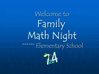 Welcome to Family 	 Math Night ****** Elementary School