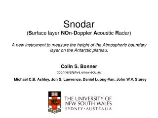 Colin S. Bonner cbonner@phys.unsw.au