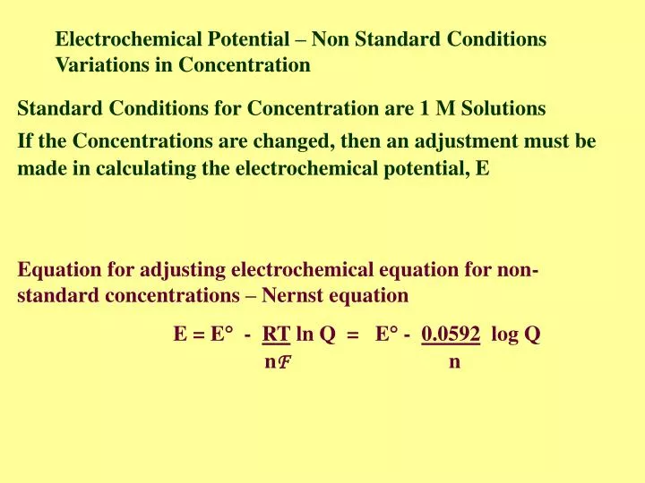 electrochemical potential non standard conditions variations in concentration