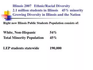 Right now Illinois Public Students Population consists of: White, Non-Hispanic 	54%